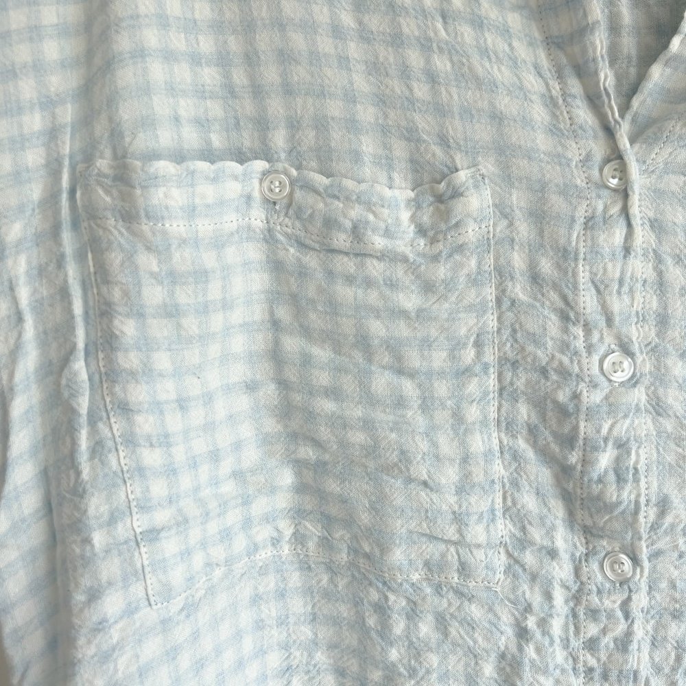 Frosty Blue Gingham Button Down Crop - Super Soft, Not See Through